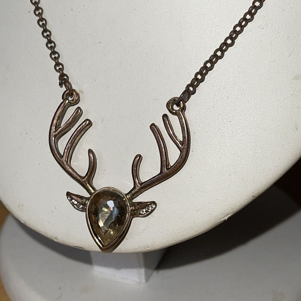 Copper Toned Deer Antler  Necklace Y Drop Chain With Amber Color Stone 19”